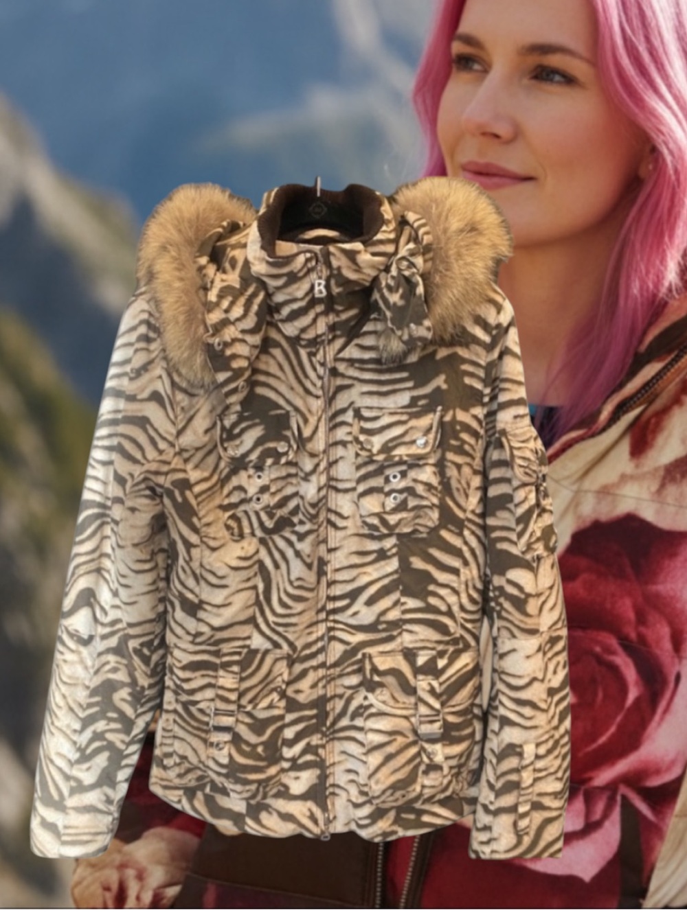 Bogner Zebra-Print Ski Jacket with Fur-Trim Hood - Brown & Cream